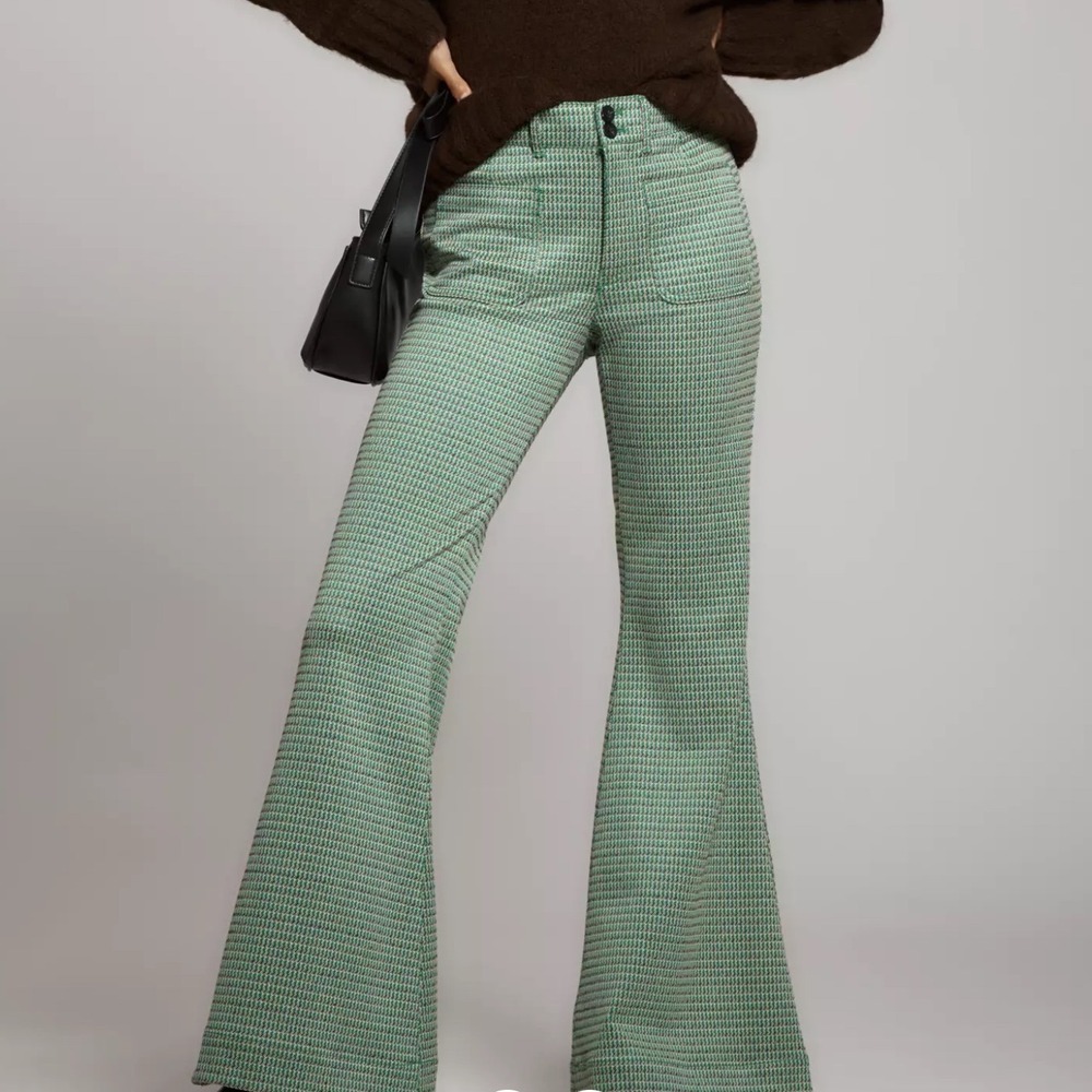 Maeve Anthropologie Houndstooth Wide Leg Flare Pants Green White Size 8 Retro
